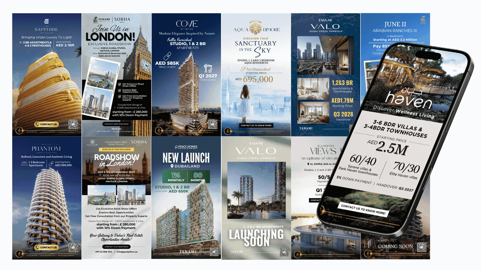 Collection of Instagram story designs promoting Dubai property launches, prices and roadshows for Tanami Properties